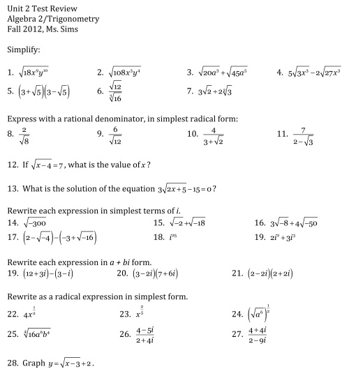 Simplifying Radicals Worksheet Algebra 1